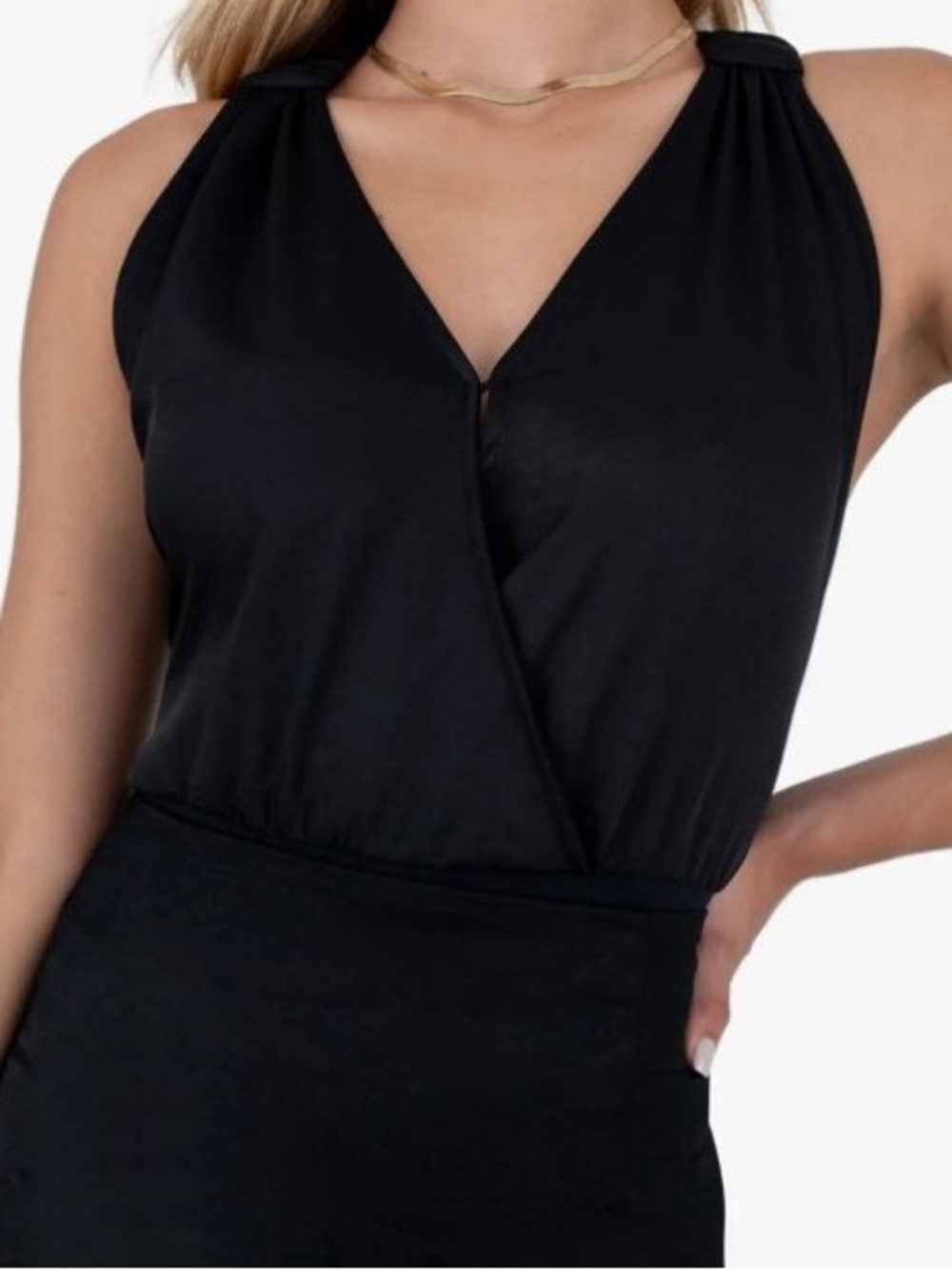Kittenish Black Wrap Front Crossback Black Bodysuit